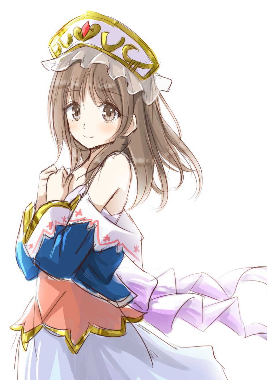 1girl atelier_(series) atelier_totori bare_shoulders brown_hair closed_mouth detached_sleeves dress grey_eyes hat highres hisin long_hair looking_at_viewer simple_background smile solo totooria_helmold white_background
