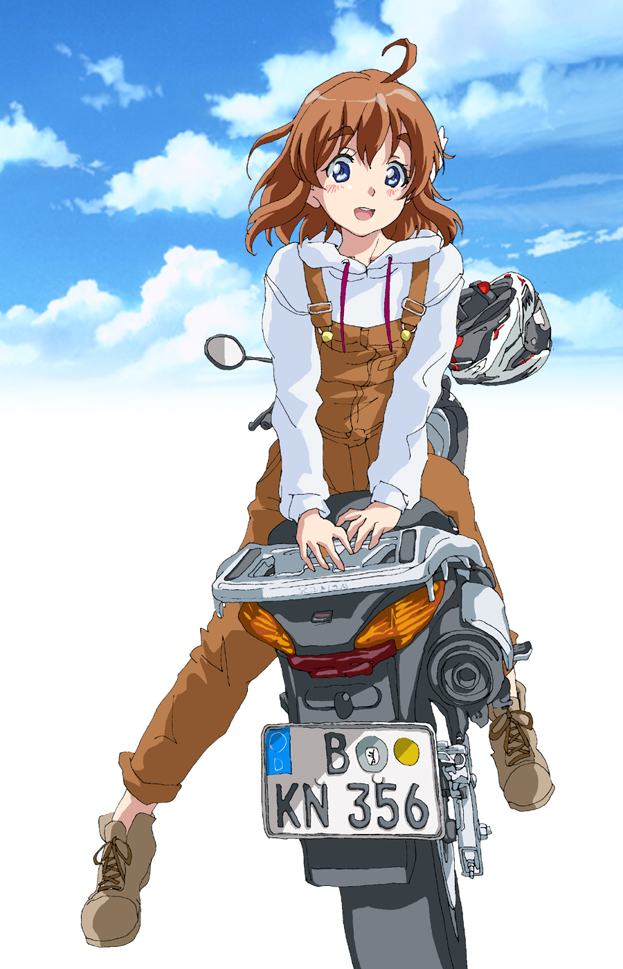 1girl bakuon!! blue_eyes blue_sky brown_hair brown_overalls clouds cloudy_sky eyebrows_visible_through_hair ground_vehicle hair_between_eyes hal-py helmet highres honda honda_cb400 honda_cb400sf hood hoodie license_plate looking_at_viewer motor_vehicle motorcycle motorcycle_helmet open_mouth overalls sakura_hane short_hair sky solo