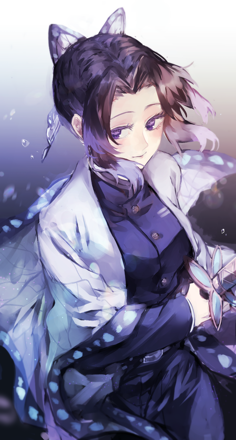 1girl belt_buckle black_hair buckle butterfly_hair_ornament floating_hair gradient_hair hair_intakes hair_ornament haori highres holding holding_sheath jacket japanese_clothes kimetsu_no_yaiba kochou_shinobu long_sleeves looking_to_the_side lor_(roasyerizyonirapi) multicolored_hair pants purple_hair purple_jacket purple_pants sheath sheathed solo sword violet_eyes weapon