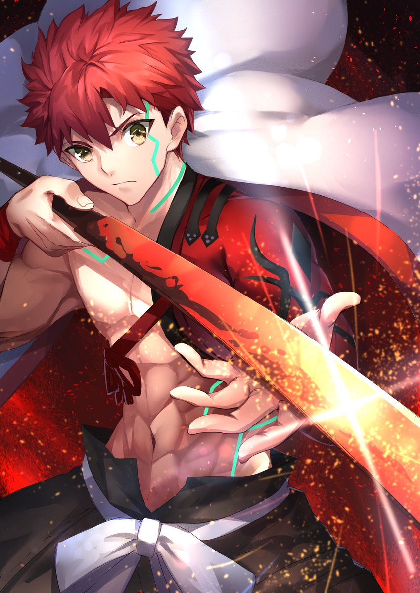 1boy abs cape embers emiya_shirou expressionless fate/grand_order fate_(series) glint glowing glowing_weapon herigaru_(fvgyvr000) highres holding holding_sword holding_weapon igote looking_at_viewer male_focus redhead senji_muramasa_(fate) solo sword tattoo toned toned_male upper_body weapon white_cape wristband yellow_eyes