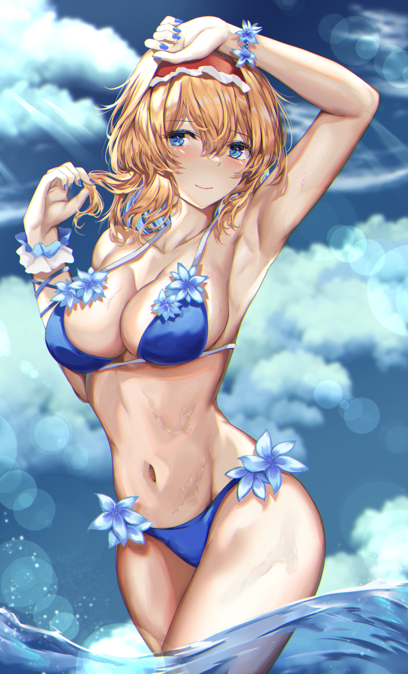 1girl alice_margatroid arm_up armpits bangs bikini blonde_hair blue_bikini blue_bra blue_eyes blue_flower blue_nails blue_panties blue_sky bra bracelet breasts closed_mouth clouds cloudy_sky eyebrows_visible_through_hair flower hair_between_eyes hairband hands_up highres jewelry kaeranu_kaeru large_breasts looking_to_the_side nail_polish ocean panties red_hairband short_hair sky smile solo standing sun sunlight swimsuit touhou underwear water wrist_cuffs