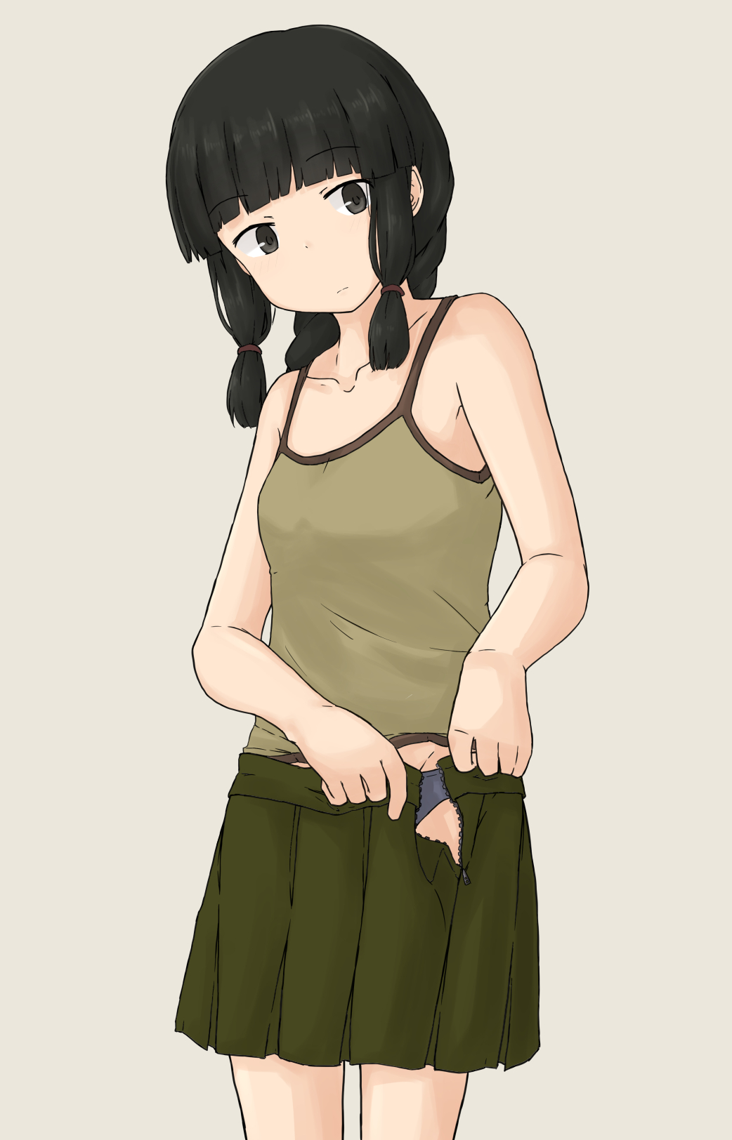 1girl bangs black_hair blunt_bangs braid breasts camisole chagamaka collarbone cowboy_shot dressing green_camisole green_skirt grey_background grey_panties highres kantai_collection kitakami_(kancolle) long_hair panties sidelocks simple_background skirt small_breasts solo underwear