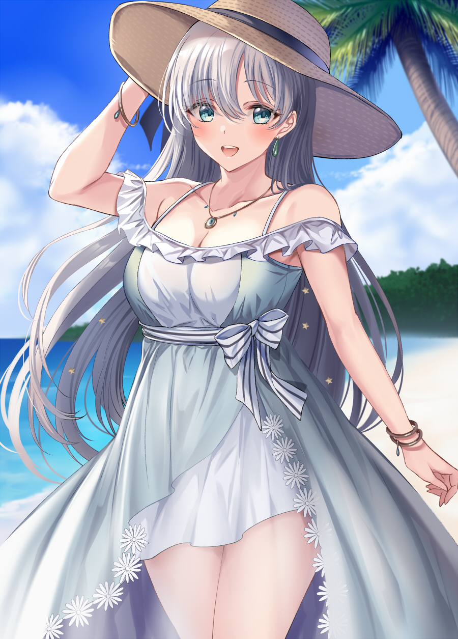 1girl anastasia_(fate) anastasia_(swimsuit_archer)_(fate) bangs bare_shoulders beach blue_dress blue_eyes blue_sky blush bracelet breasts collarbone dress earrings fate/grand_order fate_(series) hair_over_one_eye hairband harimoji hat highres jewelry large_breasts long_hair looking_at_viewer necklace open_mouth palm_tree pendant silver_hair sky smile solo straw_hat thighs tree very_long_hair