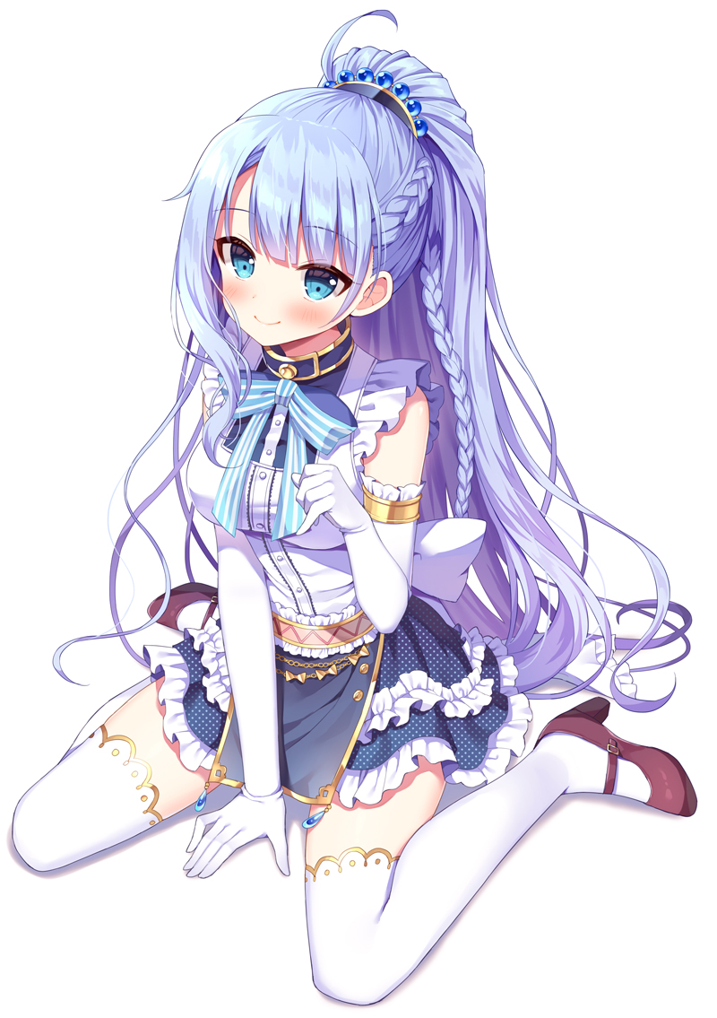 1girl blue_bow blue_eyes blue_hair blue_skirt bow braid breasts brown_footwear character_request closed_mouth commentary_request elbow_gloves frilled_skirt frills full_body gloves high_heels iris_mysteria! long_hair looking_at_viewer mauve medium_breasts ponytail purple_hair shirt shoes sitting skirt sleeveless sleeveless_shirt smile solo striped striped_bow thigh-highs very_long_hair wariza white_background white_gloves white_legwear white_shirt