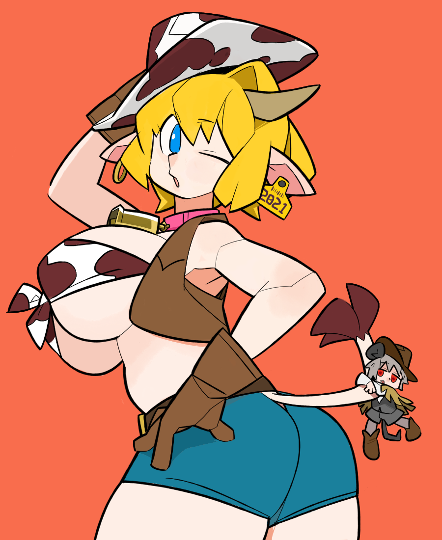 2girls alice_margatroid animal_ears animal_print ass bangs bell belt blonde_hair blue_eyes blue_shorts boots breasts brown_belt brown_footwear brown_gloves brown_vest commentary_request cookie_(touhou) cow_ears cow_girl cow_horns cow_print cow_tail cowbell cowboy_shot gloves grey_hair grey_skirt grey_vest horns kofji_(cookie) large_breasts long_sleeves looking_at_viewer minigirl mouse_ears mouse_girl mouse_tail multiple_girls nazrin neck_bell one_eye_closed open_mouth orange_background red_eyes scotch_(cookie) shirt short_hair shorts simple_background skirt tail tail_grab tied_shirt touhou vest web_(cookie) white_shirt