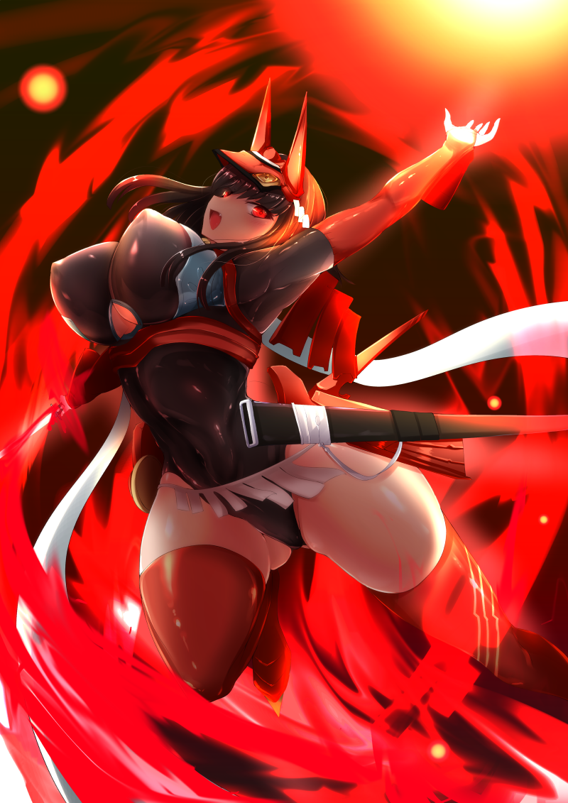 1girl alternate_breast_size arm_up black_hair bodysuit boots breasts bright_pupils commentary_request doujigiri_yasutsuna fang headgear hijiki_senpai large_breasts open_hand open_mouth red_eyes red_footwear red_legwear sheath short_hair solo tagme tenka_hyakken thigh-highs thigh_boots