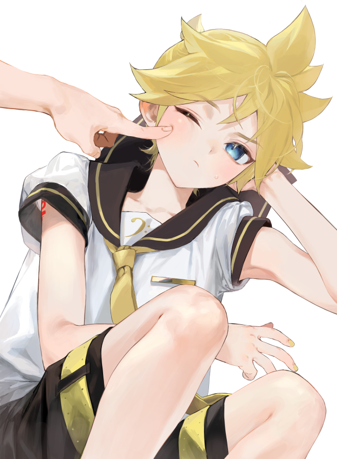 1boy bass_clef black_collar black_shorts blonde_hair blue_eyes cheek_poking collar collarbone collared_shirt commentary kagamine_len looking_at_another male_focus nail_polish naoko_(naonocoto) necktie one_eye_closed out_of_frame poking sailor_collar school_uniform shirt short_ponytail short_sleeves shorts shoulder_tattoo sitting spiky_hair tattoo vocaloid white_background white_shirt yellow_nails yellow_neckwear