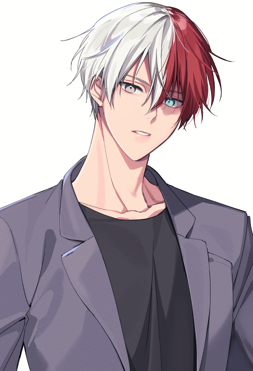 1boy alternate_costume bangs black_shirt boku_no_hero_academia burn_scar collarbone grey_background grey_jacket hair_between_eyes heterochromia jacket male_focus multicolored_hair ohcome_yone open_clothes open_jacket parted_lips redhead scar scar_on_face shirt short_hair simple_background solo todoroki_shouto two-tone_hair upper_body white_background white_hair