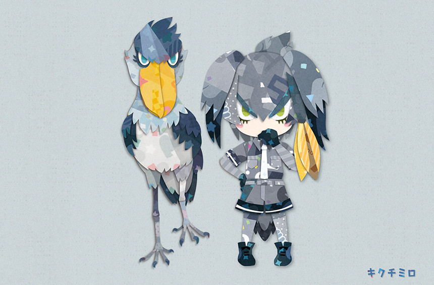 1girl animal bangs belt bird bird_tail bird_wings black_gloves bodystocking breast_pocket chibi creature_and_personification full_body gloves green_eyes grey_hair grey_shirt grey_shorts hair_between_eyes hand_on_hip hand_to_own_mouth hand_up head_wings kemono_friends kikuchi_milo layered_sleeves long_sleeves looking_at_viewer necktie orange_hair pocket shirt shoebill shoebill_(kemono_friends) short_over_long_sleeves short_sleeves shorts sidelocks standing staring tail white_neckwear wings