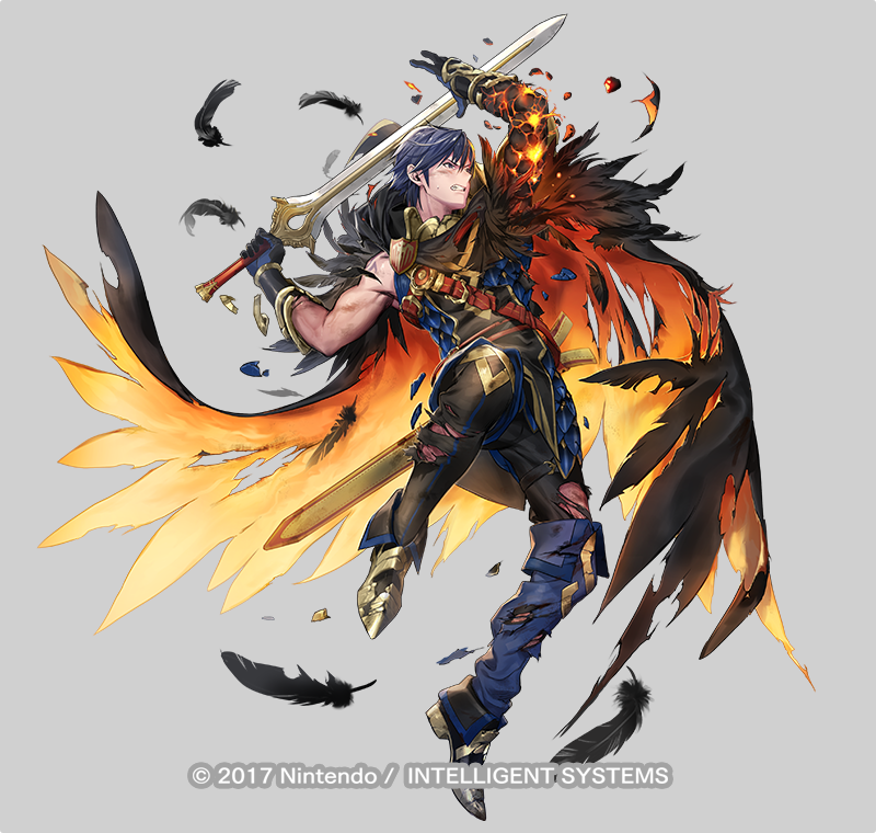 black_cape blue_eyes blue_gloves blue_hair boots cape chrom_(fire_emblem) chrom_(resplendent)_(fire_emblem) copyright_name falchion_(fire_emblem) fire_emblem fire_emblem_awakening fire_emblem_heroes gloves holding holding_sword holding_weapon knee_boots official_alternate_costume official_art p-nekor sword torn_clothes weapon