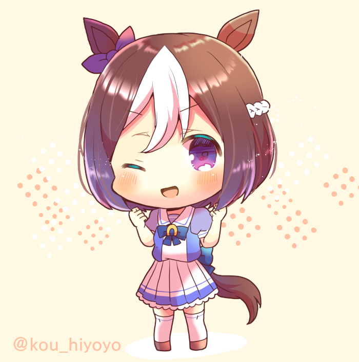 1girl ;d animal_ears bangs blue_bow blue_shirt blush bow braid brown_background brown_footwear brown_hair chibi clenched_hands commentary_request ear_ribbon eyebrows_visible_through_hair full_body hands_up horse_ears horse_girl horse_tail kou_hiyoyo looking_at_viewer multicolored_hair one_eye_closed open_mouth over-kneehighs pleated_skirt puffy_short_sleeves puffy_sleeves purple_ribbon ribbon school_uniform shirt shoes short_sleeves skirt smile solo special_week_(umamusume) standing streaked_hair tail thigh-highs tracen_school_uniform twitter_username umamusume v-shaped_eyebrows violet_eyes white_hair white_legwear white_skirt