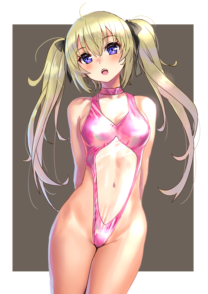 1girl arms_behind_back blonde_hair blue_eyes breasts casual_one-piece_swimsuit choker clothing_cutout commentary_request cowboy_shot grey_background highleg highleg_swimsuit katahira_masashi long_hair medium_breasts navel_cutout one-piece_swimsuit open_mouth original pink_neckwear pink_swimsuit solo swimsuit twintails two-tone_background white_background