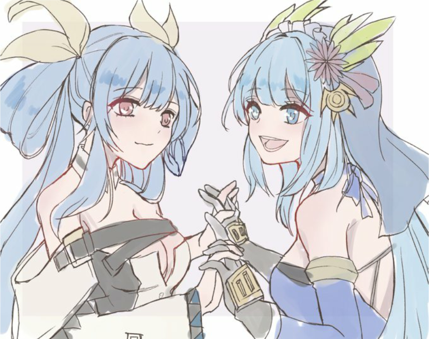 2girls artist_request bare_shoulders blue_eyes blue_hair character_request copyright_request dizzy_(guilty_gear) guilty_gear guilty_gear_xrd hair_ornament holding_hands long_hair multiple_girls twintails yuri