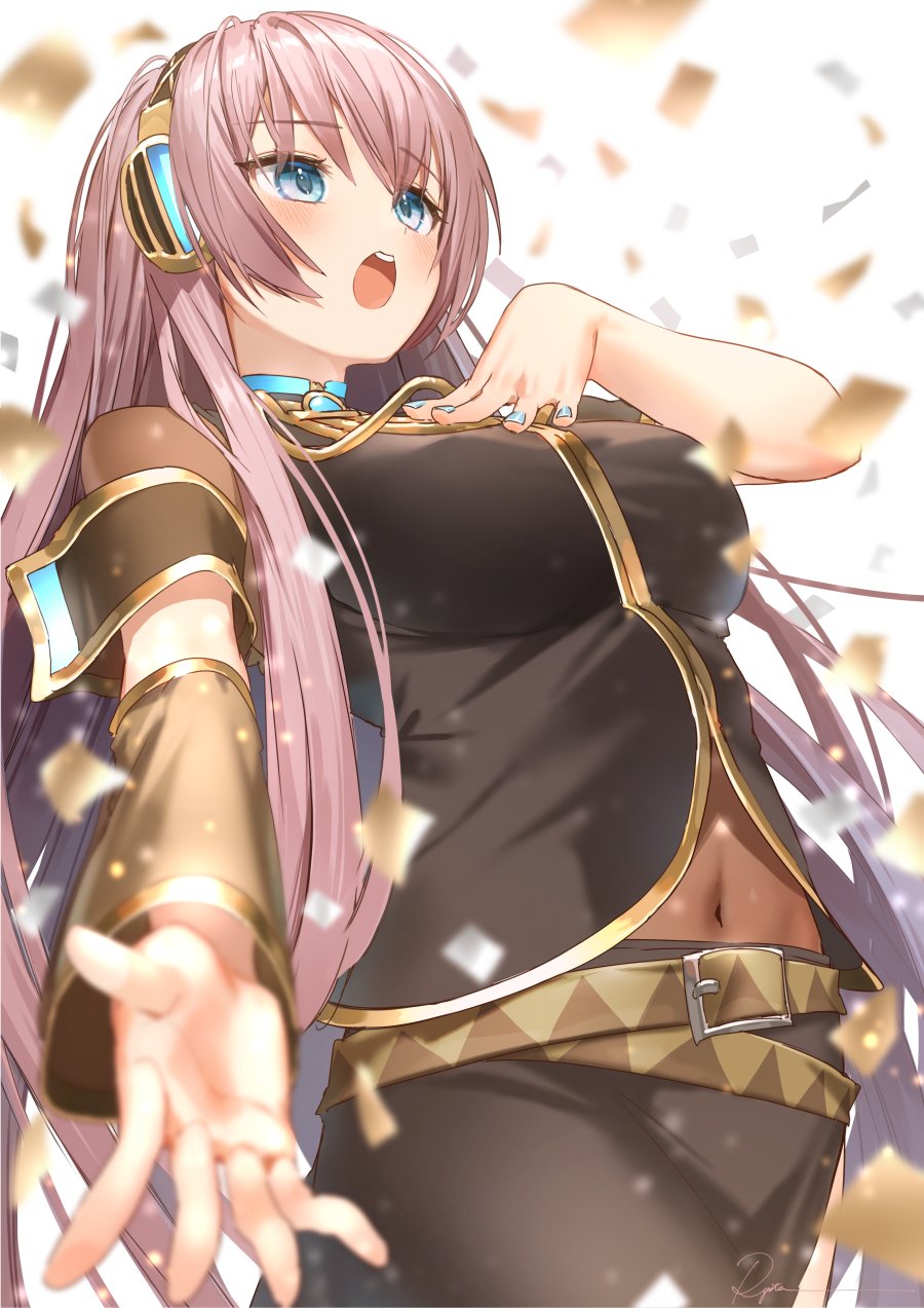 1girl arm_warmers armband belt black_shirt black_skirt blue_eyes blue_nails blurry blurry_foreground breasts confetti cowboy_shot depth_of_field from_below gold_trim hand_on_own_chest headphones highres long_hair medium_breasts megurine_luka midriff nail_polish navel open_mouth pink_hair ryota_(ry_o_ta) shirt short_sleeves side_slit single_arm_warmer skirt solo very_long_hair vocaloid