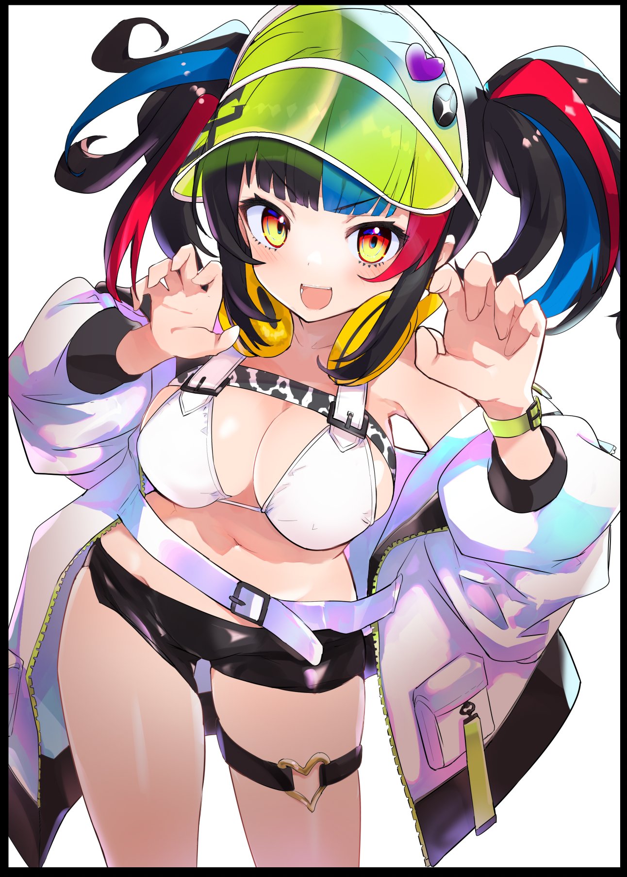 1girl :d bangs belt bikini black_hair black_shorts blue_hair blunt_bangs breasts caburi commentary_request eyebrows_visible_through_hair fate/grand_order fate_(series) headphones headphones_around_neck highres jacket leg_garter long_hair looking_at_viewer medium_breasts multicolored_hair open_mouth redhead sei_shounagon_(fate) sei_shounagon_(swimsuit_berserker)_(fate) short_shorts shorts simple_background smile solo standing swimsuit thighs twintails visor_cap white_background white_belt white_bikini white_jacket yellow_eyes