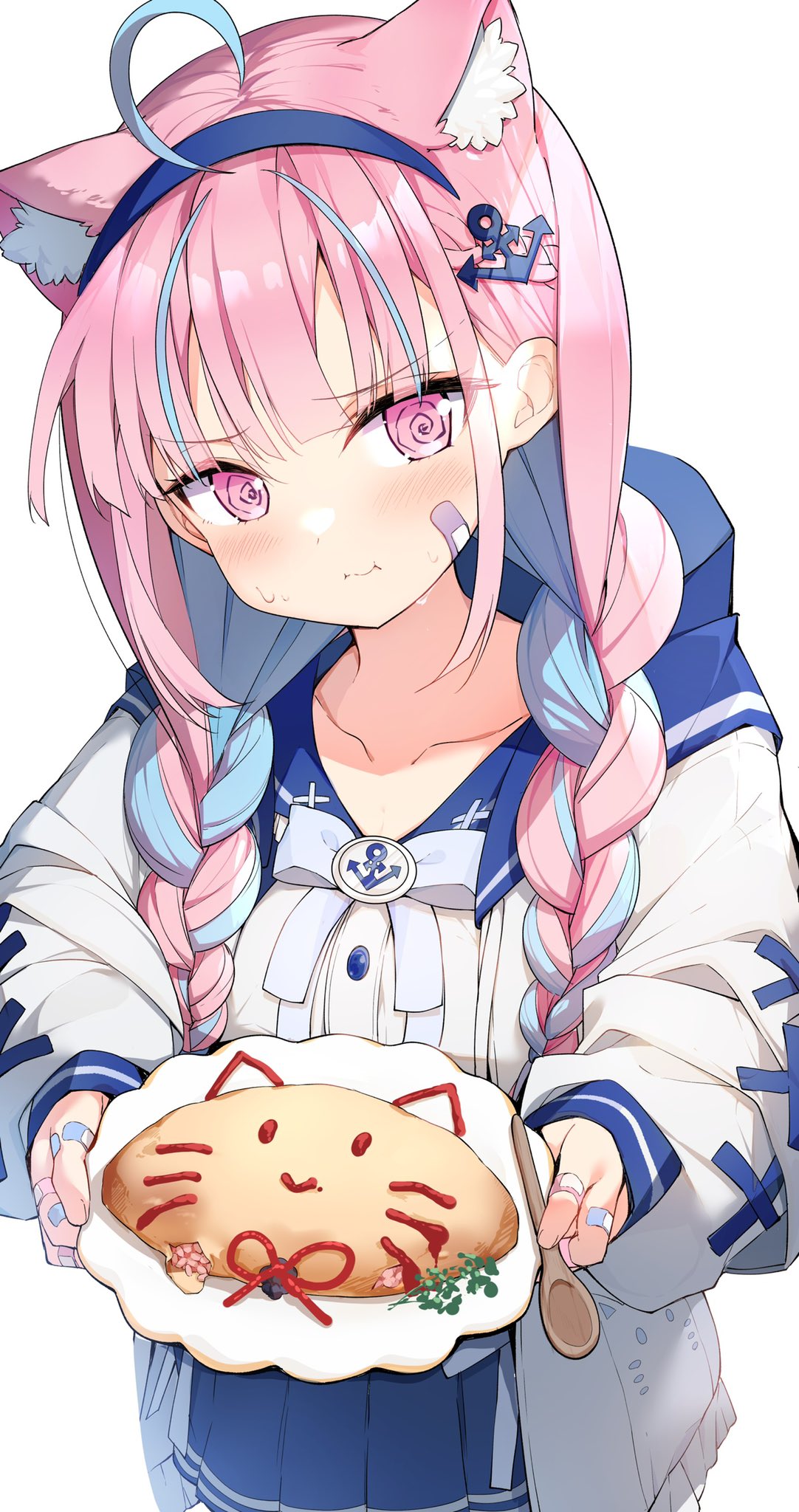 1girl :t @_@ ahoge anchor_hair_ornament animal_ear_fluff animal_ears bandaid bandaid_on_face bandaid_on_hand bangs blue_bow blue_hair blue_hairband blue_skirt bow braid cat_ears collarbone commentary_request cowboy_shot darjeeling_(reley) eyebrows_visible_through_hair food hair_ornament hairband highres holding holding_plate holding_spoon hololive jacket long_hair long_sleeves looking_at_viewer minato_aqua multicolored_hair official_alternate_costume omurice open_clothes open_jacket pink_eyes pink_hair plate pleated_skirt shirt simple_background skirt solo spoon standing twin_braids twintails two-tone_hair virtual_youtuber white_background white_jacket white_shirt