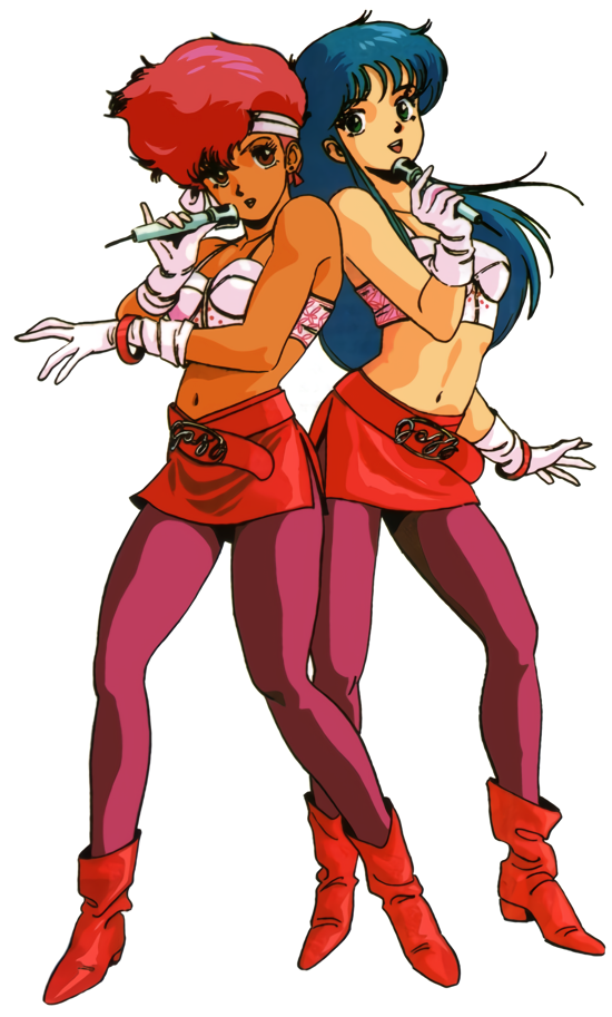 1980s_(style) 2girls blue_eyes blue_hair boots bra bracelet dark-skinned_female dark_skin dirty_pair earrings gloves headband holding holding_microphone jewelry kei_(dirty_pair) long_hair looking_at_viewer microphone miniskirt multiple_girls navel official_art open_mouth pantyhose pink_legwear pinky_out red_eyes red_footwear red_skirt redhead retro_artstyle short_hair side_slit simple_background skirt standing underwear white_background white_gloves yuri_(dirty_pair)