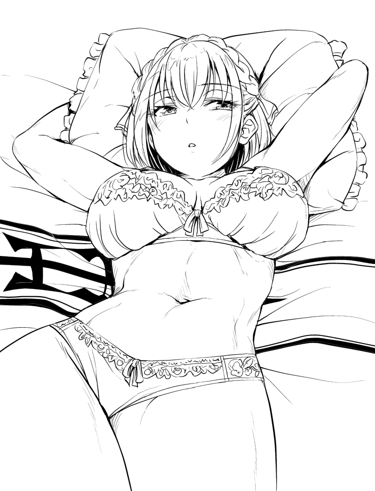 1girl arms_up bangs bra braid breasts breasts_apart crown_braid eyebrows_visible_through_hair frilled_bra frilled_panties frilled_pillow frills greyscale hair_between_eyes hololive large_breasts looking_away looking_to_the_side lying monochrome navel noise_(tsuzuki) on_back panties parted_lips pillow shirogane_noel short_hair solo stomach toned underwear underwear_only virtual_youtuber