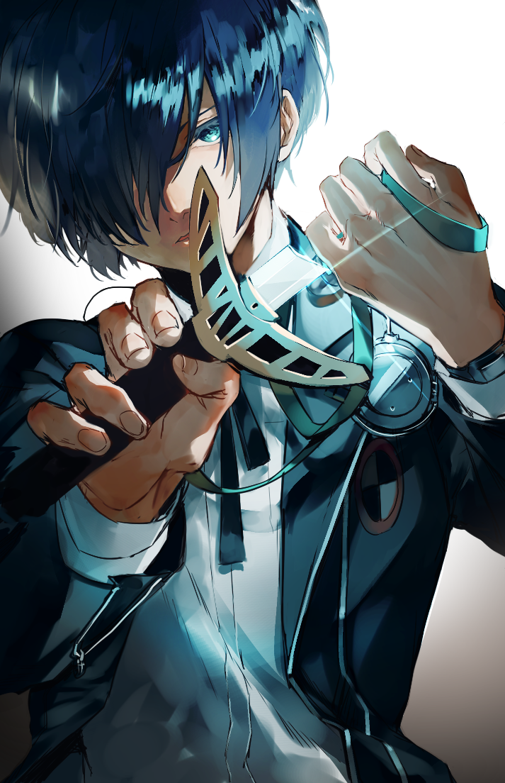 1boy bishounen black_jacket black_ribbon blue_eyes blue_hair dress_shirt gekkoukan_high_school_uniform hair_over_one_eye holding holding_sword holding_weapon jacket long_sleeves looking_at_viewer lor_(roasyerizyonirapi) male_focus neck_ribbon open_clothes open_jacket open_mouth persona persona_3 ribbon school_uniform shiny shiny_hair shirt short_hair solo sword upper_body watch watch weapon white_background white_shirt yuuki_makoto