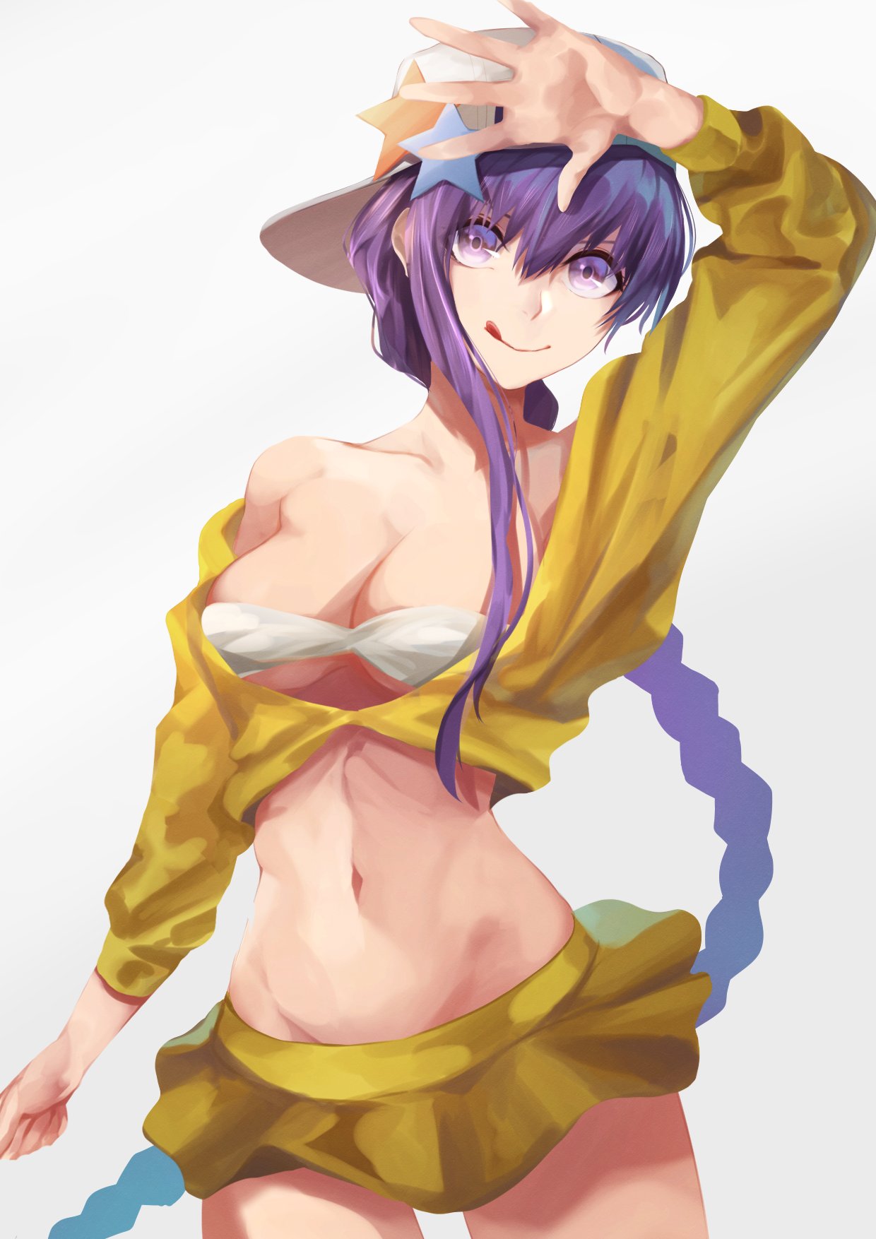 bangs bare_legs bare_shoulders bb_(fate) bb_(swimsuit_mooncancer)_(fate) braid braided_ponytail breasts coat collarbone eyebrows_behind_hair eyebrows_visible_through_hair fate/grand_order fate_(series) hat herigaru_(fvgyvr000) highres large_breasts long_hair peaked_cap purple_hair simple_background skirt smile stomach swimsuit tongue tongue_out violet_eyes white_background