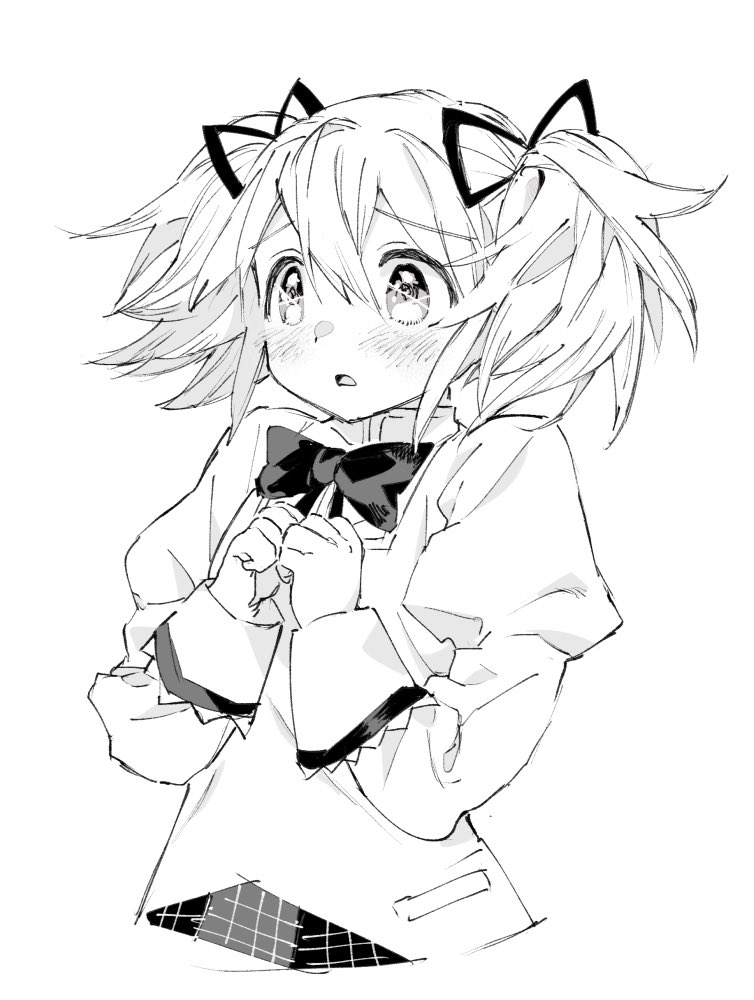 1girl blouse blush clenched_hands cropped_torso dot_nose facing_away flat_chest frown furrowed_brow greyscale hair_between_eyes hair_ribbon hands_on_own_chest hands_up high_collar juliet_sleeves kaname_madoka kyou_zuki long_sleeves looking_afar mahou_shoujo_madoka_magica mitakihara_school_uniform monochrome neck_ribbon parted_lips plaid puffy_sleeves ribbon scared school_uniform short_twintails simple_background solo tareme twintails upper_body white_background wide-eyed