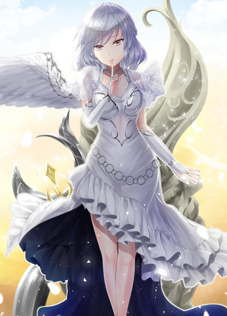 1girl alternate_costume braid breasts bridal_gauntlets commentary_request crown_braid dress elbow_gloves feathered_wings finger_to_mouth gloves kishin_sagume looking_at_viewer medium_breasts red_eyes shushing silver_hair single_wing solo touhou white_dress white_gloves white_wings wings y2