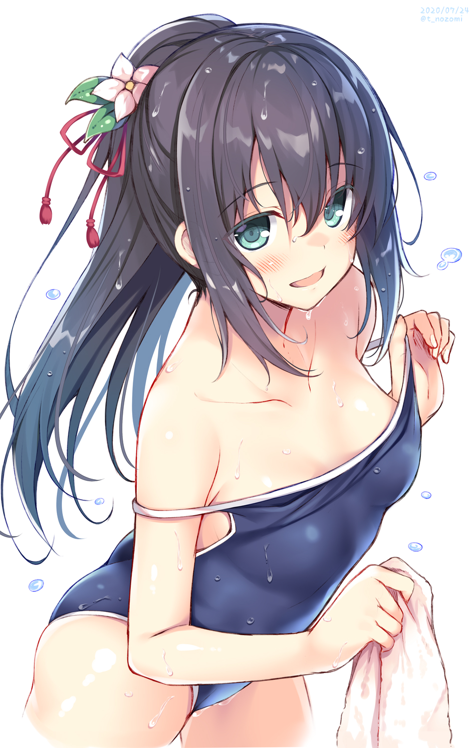 1girl bangs black_hair blue_swimsuit clothes_pull commentary cowboy_shot droplet eyebrows_visible_through_hair flower green_eyes hair_flower hair_ornament highres holding holding_towel long_hair looking_at_viewer nozomi_tsubame one-piece_swimsuit open_mouth original pink_flower ponytail school_swimsuit simple_background smile solo standing strap_slip swimsuit swimsuit_pull towel wet white_background yukiha_(nozomi_tsubame)