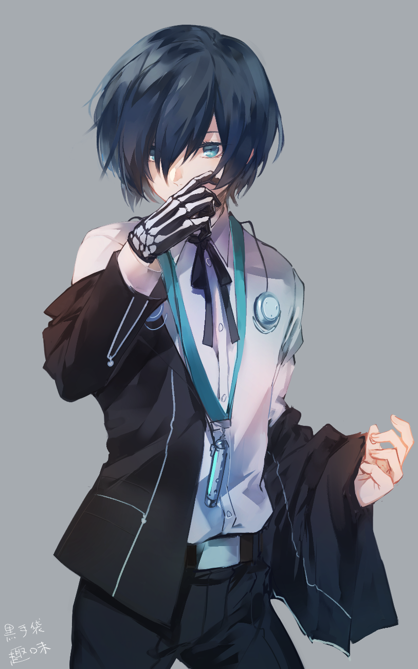 1boy bangs belt bishounen black_belt black_gloves black_hair black_jacket black_pants black_ribbon blue_eyes clothes_down collared_shirt cowboy_shot dress_shirt gekkoukan_high_school_uniform gloves grey_background hair_between_eyes highres jacket long_sleeves lor_(roasyerizyonirapi) male_focus neck_ribbon open_clothes open_jacket pants persona persona_3 print_gloves ribbon school_uniform shiny shiny_hair shirt short_hair simple_background solo standing white_shirt wing_collar yuuki_makoto