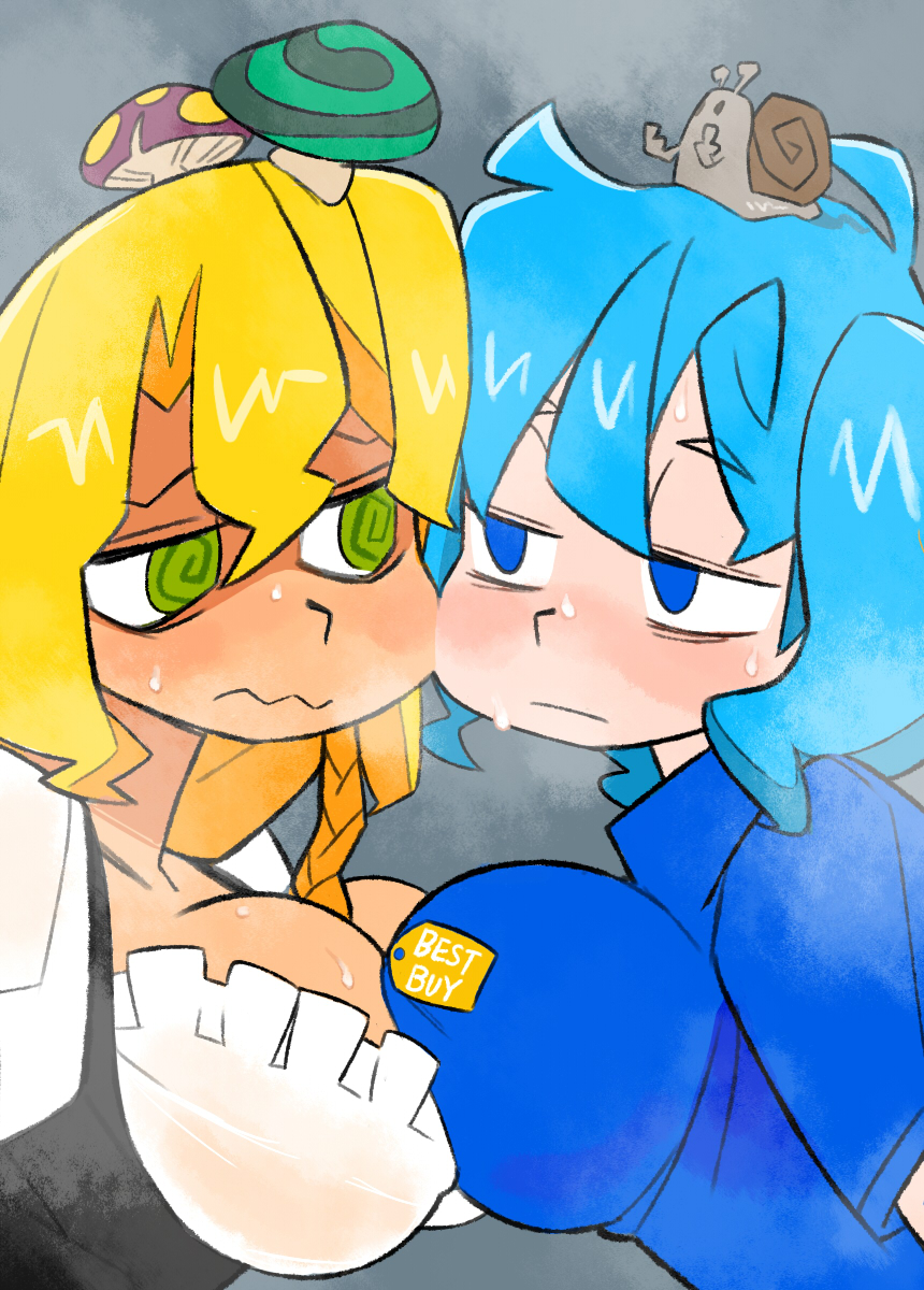 @_@ animal_on_head bangs best_buy blonde_hair blue_eyes blue_hair blue_shirt blush breast_press breasts closed_mouth commentary_request cookie_(touhou) employee_uniform fuckin_animal green_eyes hair_between_eyes highres kawashiro_nitori kirisame_marisa kofji_(cookie) large_breasts long_hair looking_at_another mars_(cookie) medium_hair middle_finger mushroom mushroom_on_head on_head scotch_(cookie) shirt snail symmetrical_docking touhou uniform upper_body wavy_mouth white_shirt