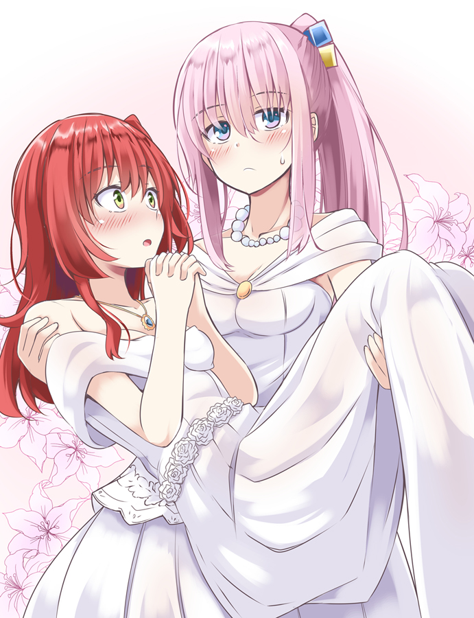 2girls bead_necklace beads blue_eyes blush bocchi_the_rock! collarbone cube_hair_ornament dress flower gotou_hitori green_eyes hair_ornament ichimi jewelry kita_ikuyo long_hair multiple_girls necklace one_side_up open_mouth pink_flower pink_hair redhead short_sleeves wedding_dress white_dress