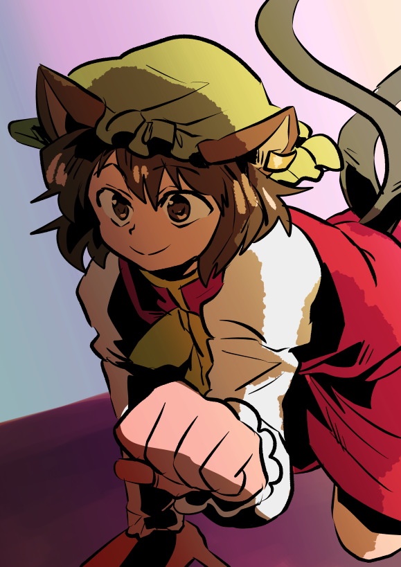 1girl animal_ears brown_eyes brown_hair cat_ears cat_tail chen earrings foreshortening gagamatsu hat jewelry kneeling multiple_tails nekomata perspective smile solo tail touhou