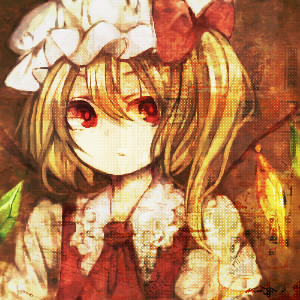 1girl ascot bangs blonde_hair bow closed_mouth collar collared_dress crystal dress eyebrows_visible_through_hair eyes_visible_through_hair flandre_scarlet garan_co hair_between_eyes hat hat_bow jewelry looking_to_the_side lowres mob_cap multicolored multicolored_wings one_side_up puffy_short_sleeves puffy_sleeves red_bow red_dress red_eyes red_neckwear shirt short_hair short_sleeves solo touhou upper_body white_headwear white_shirt white_sleeves wings