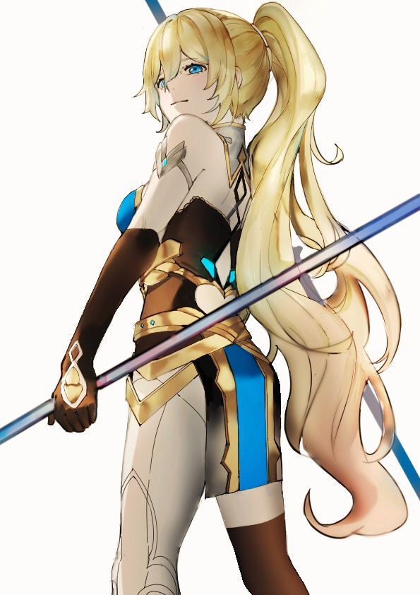 1girl bangs bare_shoulders bianka_durandal_ataegina bianka_durandal_ataegina_(dea_anchora) blonde_hair blue_eyes brown_gloves brown_legwear closed_mouth dual_wielding elbow_gloves gloves hair_between_eyes holding holding_polearm holding_spear holding_weapon honkai_(series) honkai_impact_3rd long_hair pants polearm ponytail qbird449 simple_background single_thighhigh smile solo spear thigh-highs weapon white_background white_pants