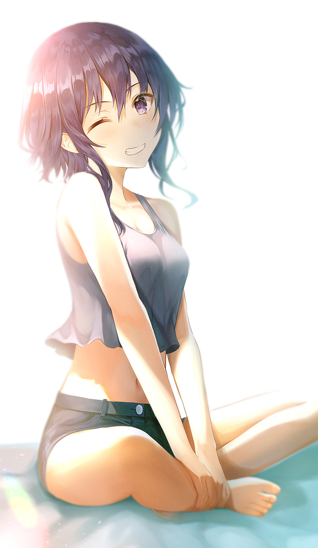 1girl bare_arms bare_legs bare_shoulders barefoot between_legs black_hair black_shirt black_shorts breasts crop_top crop_top_overhang grin hyoudou_michiru indian_style looking_at_viewer medium_breasts midriff navel one_eye_closed saenai_heroine_no_sodatekata shirt short_hair_with_long_locks short_shorts shorts sidelocks simple_background sitting sleeveless sleeveless_shirt smile solo stomach tank_top violet_eyes white_background yk_(pixiv43531291)