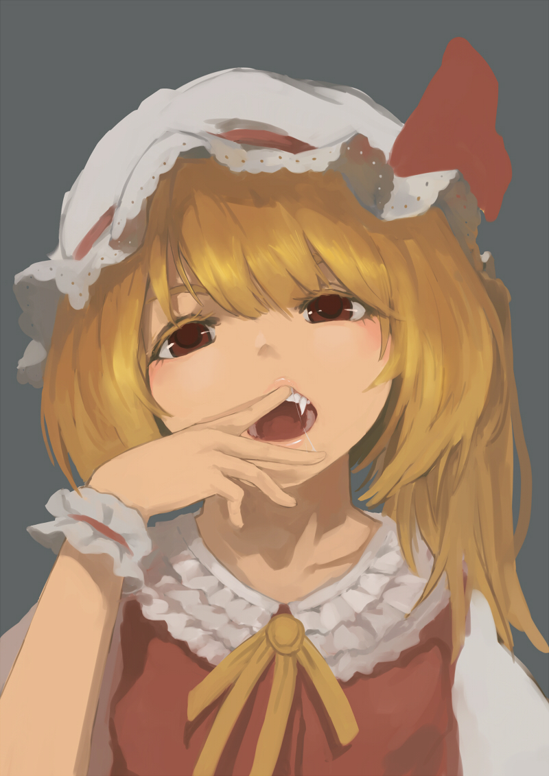 1girl alternate_eye_color alternate_legwear bangs blonde_hair blush brown_eyes collarbone commentary eyelashes fang flandre_scarlet hair_over_shoulder half-closed_eyes hand_to_own_mouth hand_up hat hat_ribbon lace lips looking_at_viewer mob_cap one_side_up open_mouth red_ribbon ribbon saliva saliva_trail short_hair_with_long_locks simple_background solo teeth touhou upper_body upper_teeth white_headwear wrist_cuffs xii_yashizhongzhan