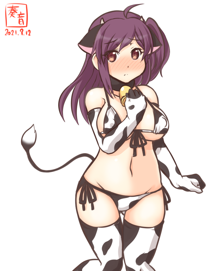 1girl ahoge alternate_costume animal_ears animal_print artist_logo bikini breasts brown_eyes commentary_request covered_nipples cow_ears cow_horns cow_print cow_tail cowboy_shot dated fake_animal_ears fake_horns front-tie_top hagikaze_(kancolle) horns kanon_(kurogane_knights) kantai_collection large_breasts long_hair one-hour_drawing_challenge one_side_up purple_hair side-tie_bikini simple_background solo swimsuit tail thigh-highs white_background white_bikini white_legwear