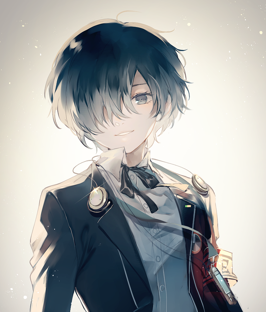 1boy armband bishounen black_hair black_jacket black_ribbon collared_shirt dress_shirt gekkoukan_high_school_uniform gradient_hair grey_background grey_eyes grey_shirt grin hair_over_one_eye jacket looking_at_viewer lor_(roasyerizyonirapi) male_focus multicolored_hair neck_ribbon open_clothes open_jacket persona persona_3 ribbon school_uniform shirt short_hair silver_hair smile solo wing_collar yuuki_makoto