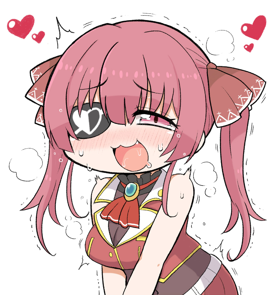 1girl :3 breasts commentary covered_navel drooling eyepatch heart heavy_breathing hololive houshou_marine large_breasts matarou_(matarou072) open_mouth red_eyes redhead saliva smile solo sweat trembling twintails upper_body virtual_youtuber