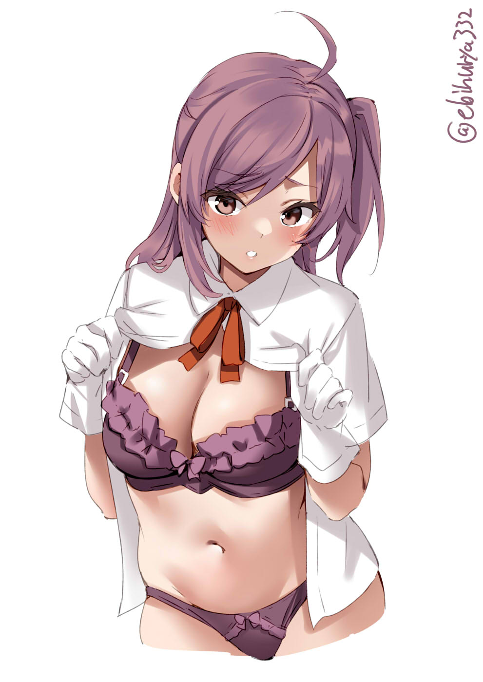 1girl ahoge blouse blush bra breasts collared_shirt cowboy_shot ebifurya embarrassed eyebrows_visible_through_hair gloves hagikaze_(kancolle) hair_between_eyes highres kantai_collection kerchief long_hair looking_at_viewer medium_breasts navel one_side_up open_clothes open_mouth open_shirt panties purple_bra purple_hair purple_panties red_ribbon ribbon shirt simple_background solo twitter_username underwear white_background white_blouse white_gloves yellow_eyes