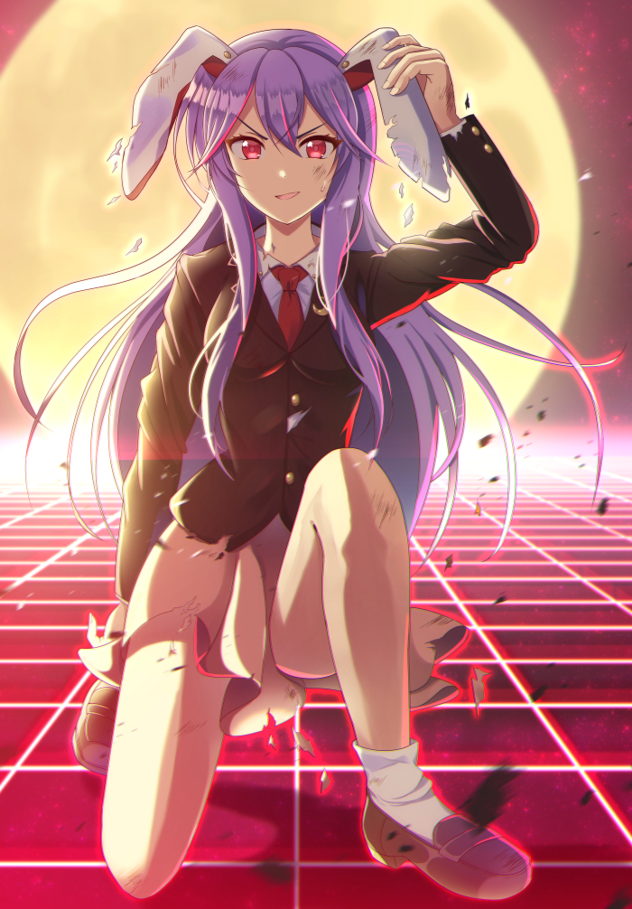 1girl animal_ears blazer breasts collared_shirt crescent crescent_pin dirty dirty_face dream_world_(touhou) eyebrows_visible_through_hair full_moon hair_between_eyes jacket kumamizawa loafers long_hair long_sleeves looking_at_viewer medium_breasts moon necktie pink_skirt rabbit_ears red_eyes red_neckwear reisen_udongein_inaba shirt shoes skirt socks solo sweatdrop torn_clothes touhou v-shaped_eyebrows white_shirt