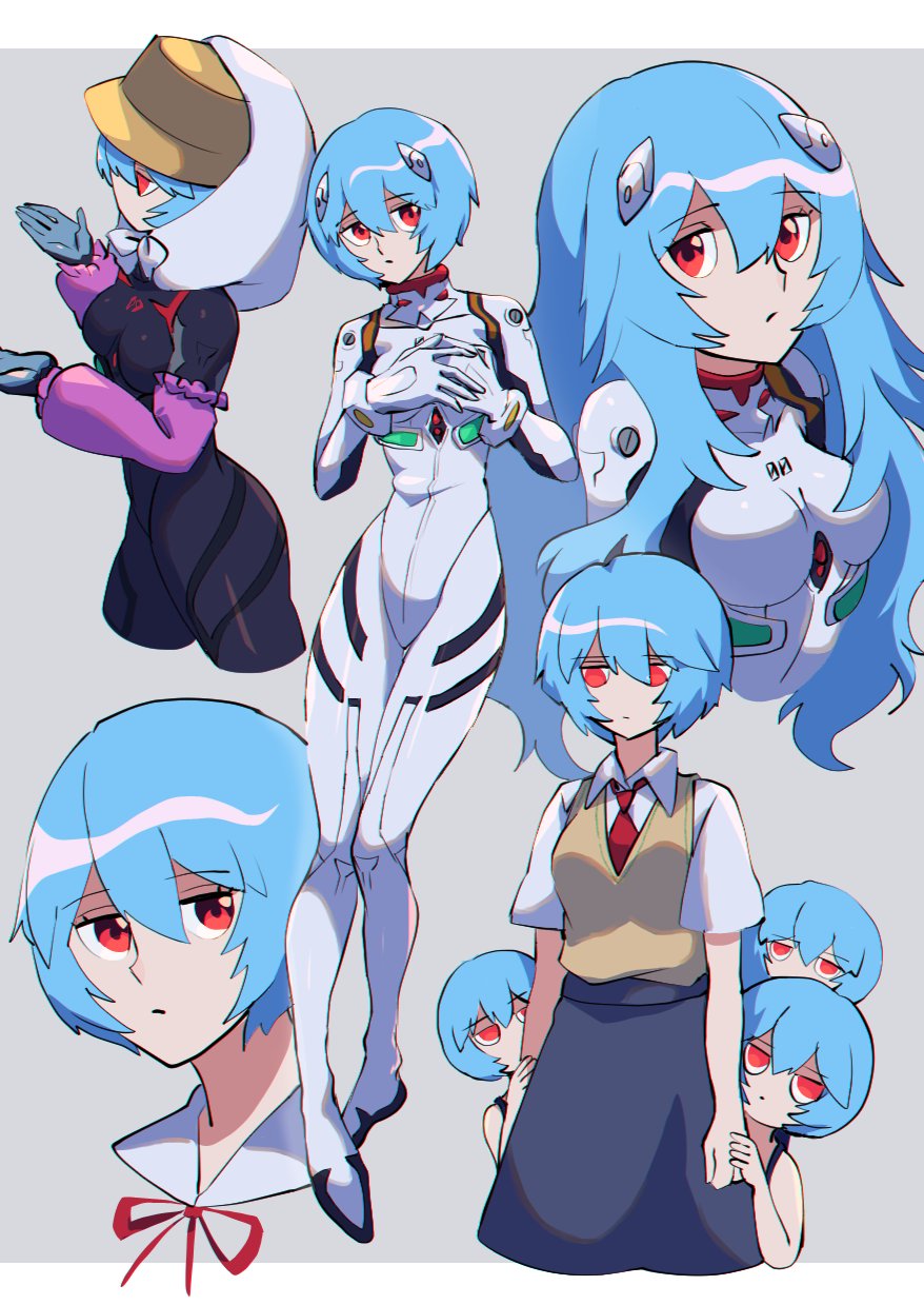1girl ayanami_rei bangs black_bodysuit blue_hair bodysuit breasts clone evangelion:_3.0+1.0_thrice_upon_a_time eyebrows_visible_through_hair full_body hands_clasped hands_over_breasts highres iganashi1 interface_headset long_hair looking_at_viewer medium_breasts multiple_girls neon_genesis_evangelion own_hands_together plugsuit rebuild_of_evangelion red_eyes school_uniform short_hair simple_background white_bodysuit
