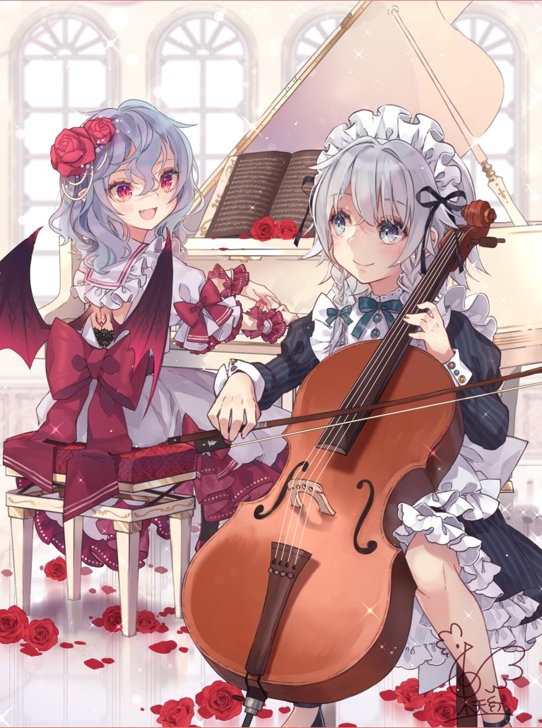 2girls :d \||/ apron back_bow back_cutout bangs bat_wings blush bow bow_(instrument) braid breasts buttons clothing_cutout commentary_request dress dress_bow eyebrows_visible_through_hair eyelashes fang fingernails flower green_ribbon grey_eyes hair_flower hair_ornament hair_ribbon happy hat holding holding_instrument instrument izayoi_sakuya long_sleeves looking_at_another maid maid_apron maid_headdress medium_breasts medium_hair mob_cap multiple_girls music open_mouth piano piano_bench piano_print pink_dress playing_instrument puffy_short_sleeves puffy_sleeves red_flower red_rose remilia_scarlet ribbon rose short_sleeves signature silver_hair sitting slit_pupils smile sparkle standing stool touhou toutenkou tress_ribbon twin_braids violin window wings wrist_cuffs