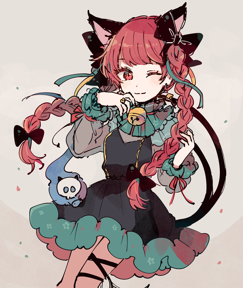 1girl adapted_costume animal_ears bangs bell black_bow black_dress black_nails bow braid cat_ears cat_tail closed_mouth commentary_request cowboy_shot dangle_earrings dress earrings extra_ears hair_bow hand_up hitodama jewelry jingle_bell kaenbyou_rin leg_ribbon long_hair long_sleeves looking_at_viewer mozukuzu_(manukedori) multiple_tails neck_bell one_eye_closed red_eyes redhead ribbon ring see-through_sleeves skull solo tail touhou twin_braids twintails two_tails