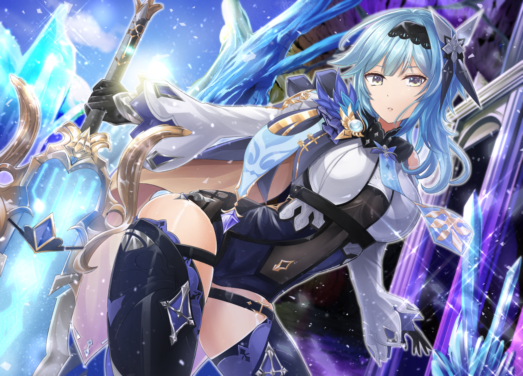 1girl black_hairband black_headband blue_eyes blue_hair blue_neckwear boots breasts cape clothing_cutout commentary_request cropped_legs eula_(genshin_impact) eyebrows_visible_through_hair feather_hair_ornament feathers full_body genshin_impact gloves greatsword hair_between_eyes hair_ornament hairband headband high-waist_shorts knight large_breasts leotard long_hair looking_at_viewer medium_hair narrow_waist necktie shoulder_cutout solo thigh-highs thigh_boots thigh_strap thighs violet_eyes vision_(genshin_impact) y2