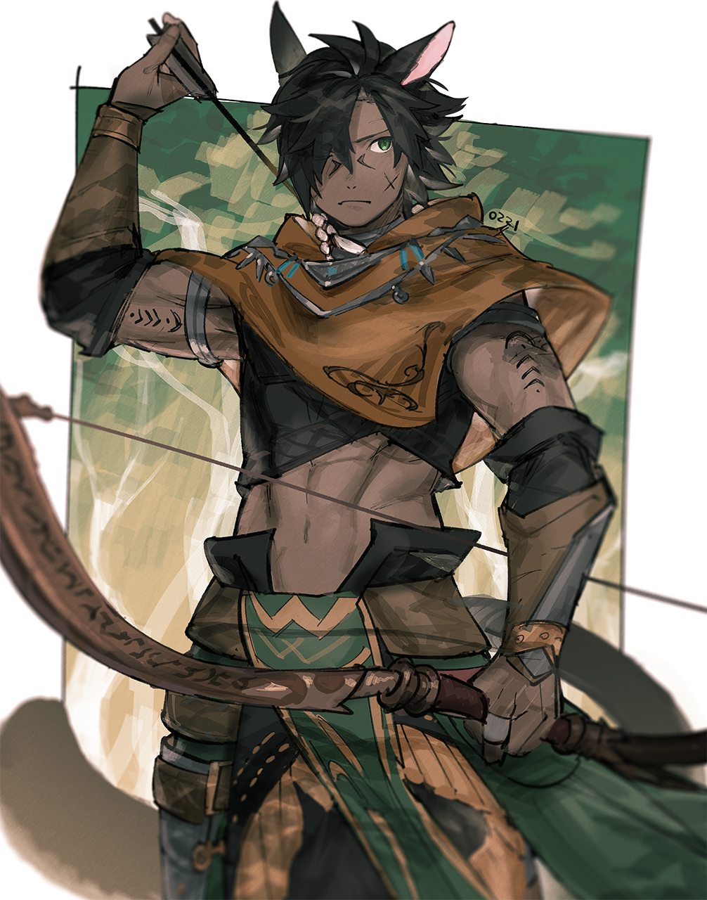 1boy abs animal_ears avatar_(ffxiv) black_hair black_shirt bow_(weapon) brown_capelet capelet cat_boy cat_ears closed_mouth commentary_request cowboy_shot crop_top dark-skinned_male dark_skin final_fantasy final_fantasy_xiv green_eyes hair_over_one_eye highres holding holding_bow_(weapon) holding_weapon male_focus midriff miqo'te mn_(zig_r14) navel one_eye_covered scar scar_on_face serious shirt short_hair solo vambraces weapon