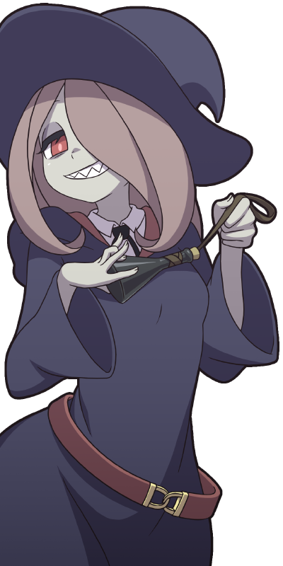 1girl belt brown_hair colored_skin eyeshadow grey_skin grin hair_over_one_eye hat little_witch_academia makeup mascara mike_inel necktie red_eyes robe sharp_teeth smile solo sucy_manbavaran teeth transparent_background upper_body witch_hat