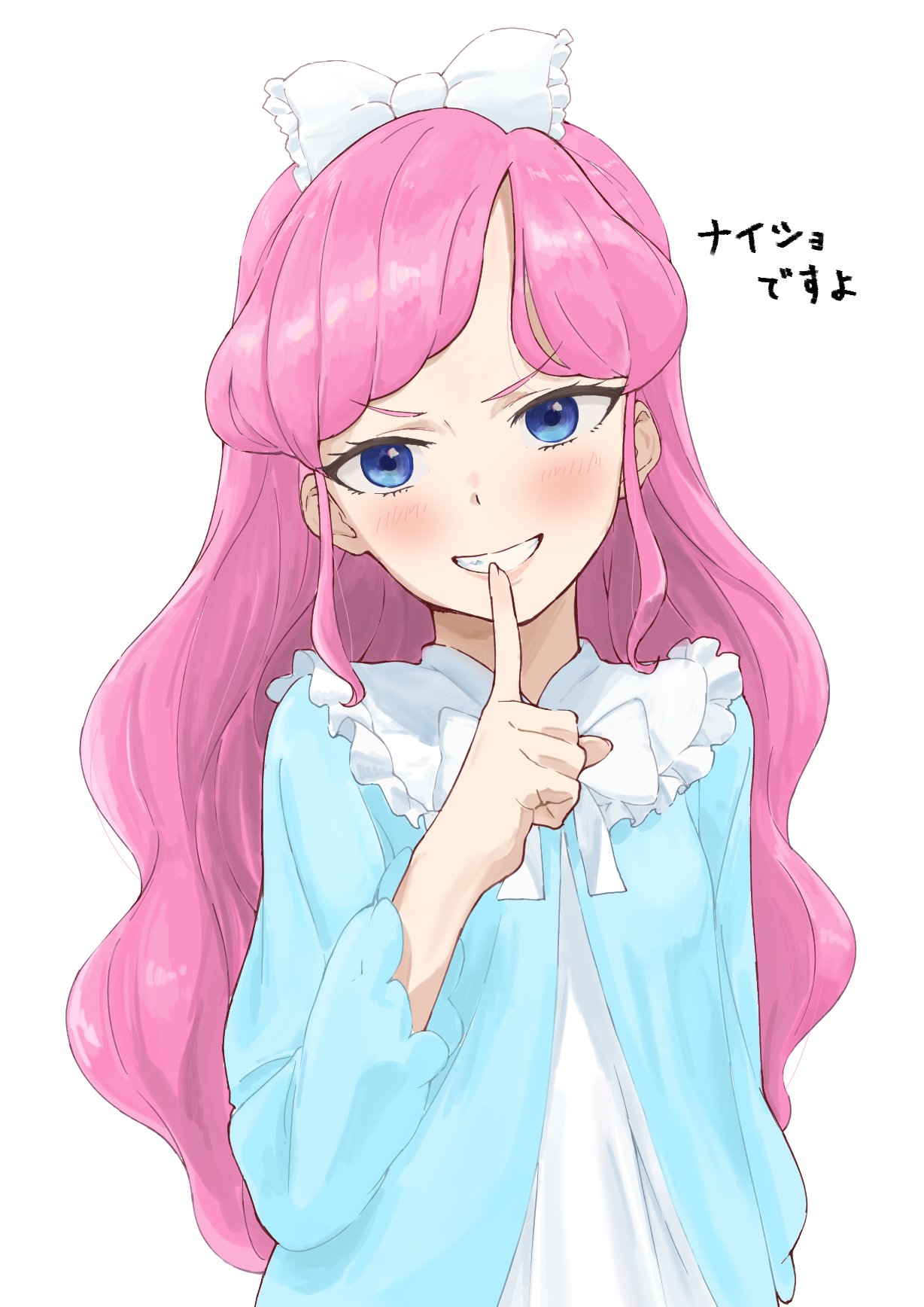 1girl blue_eyes blue_jacket bow copyright_request dress finger_to_mouth grin hair_bow head_tilt highres jacket looking_at_viewer osame pink_hair shushing simple_background smile solo translation_request upper_body white_background white_bow white_dress