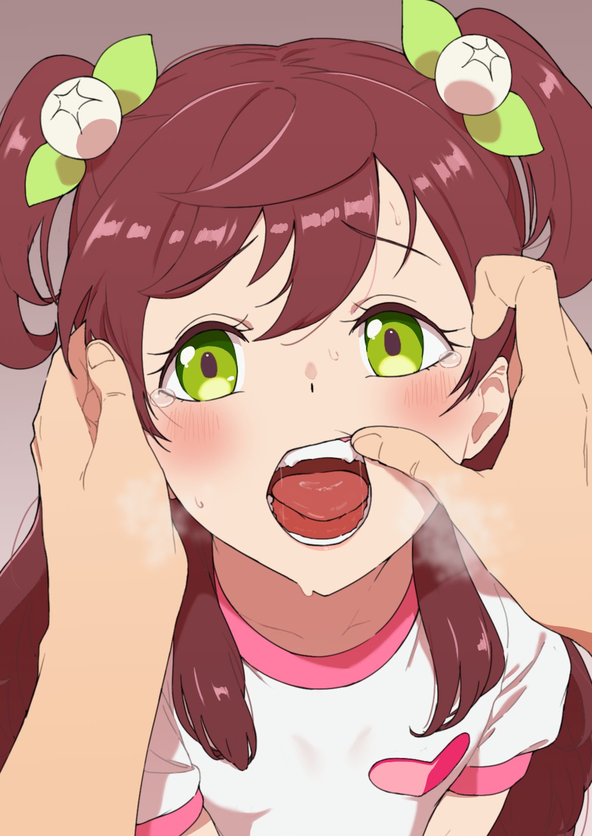 1girl 1other blush brown_hair copyright_request fangs finger_in_another's_mouth green_eyes grey_background hair_ornament heart highres looking_at_viewer open_mouth osame pov pov_hands saliva shirt short_sleeves solo_focus tears tongue two_side_up white_shirt