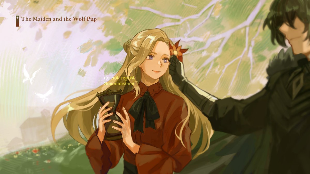 1boy 1girl black_hair blonde_hair blue_eyes blurry blurry_background bow cape closed_mouth collared_dress commentary english_commentary english_text flower frilled_sleeves frills genshin_impact gloves hair_flower hair_ornament holding hourglass long_hair long_sleeves mamonsinon red_flower red_shirt shirt signora_(genshin_impact) smile twitter_username wide_sleeves younger