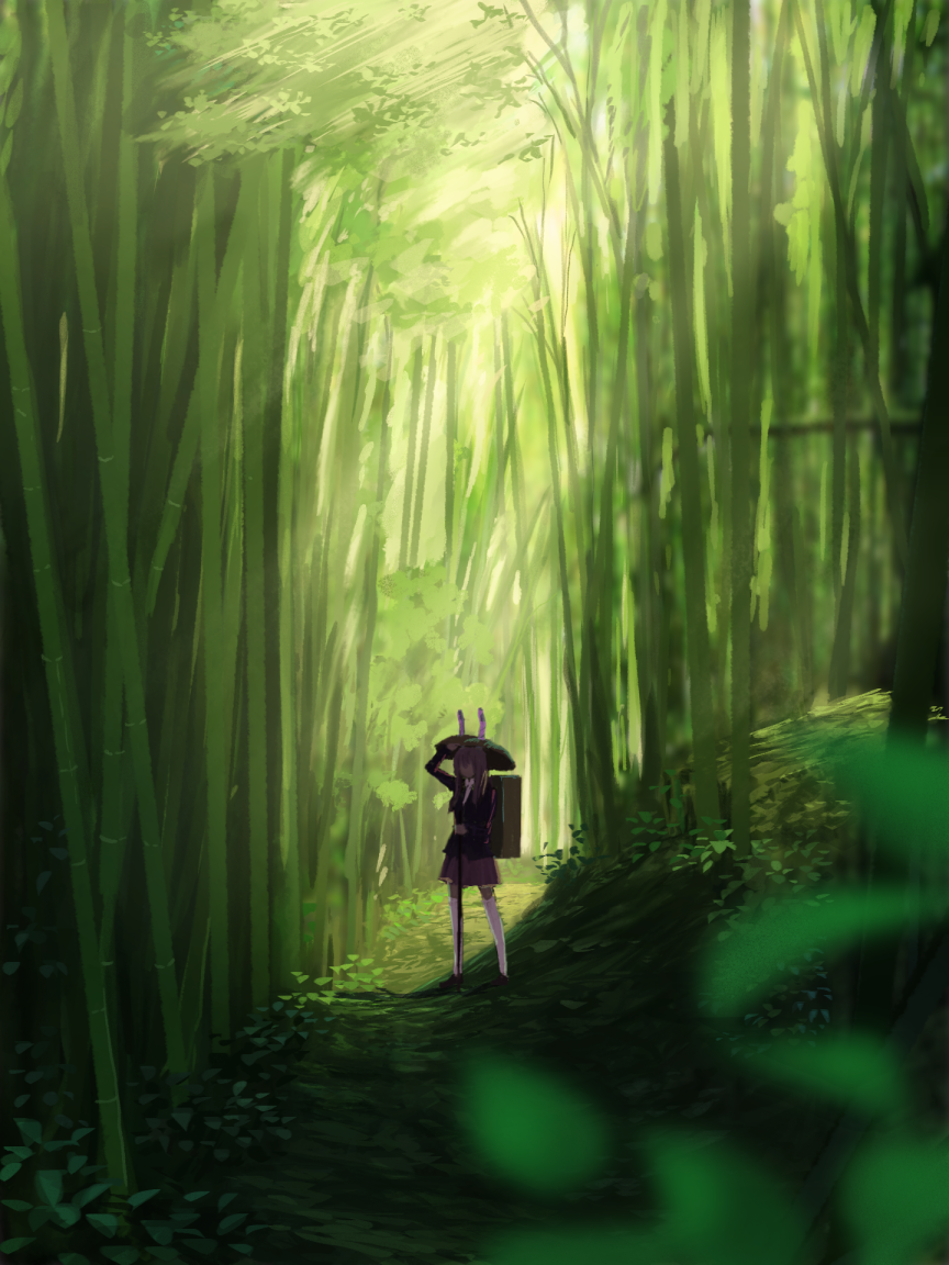 1girl animal_ears backpack bag bamboo bamboo_forest black_jacket blazer commentary_request day forest full_body grass hat jacket long_hair medicine_box nature one-hour_drawing_challenge outdoors purple_hair purple_skirt rabbit_ears reisen_udongein_inaba rice_hat scenery shirt skirt solo standing suzu_(susan_slr97) thigh-highs touhou white_legwear white_shirt